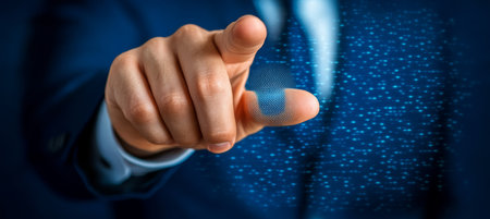 Businessman Activating Futuristic Fingerprint Scan, Cybersecurity and Data Protection Conceptの素材