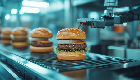 Automated Food Production Robotic Arm Assembling Burgers on Conveyor Belt in Modern Factoryの素材