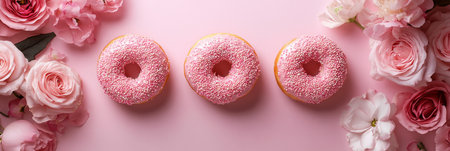Pink Donuts With Sprinkles on a Pink Background Alongside Flowers. Above View With Copy Space,の素材