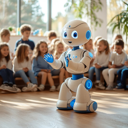 White Humanoid Robot Interacting With Group Of Children In Bright Classroom. STEM Education Concept.の素材