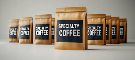 Row of Blank Brown Paper Coffee Bags with Black Labels, Isolated on White Background, 3D Renderの素材
