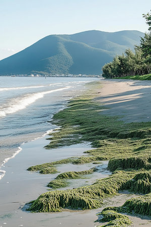 Serene Shoreline with Seaweed Beachscape with Misty Mountains and Gentle Tropical Landscapeの素材