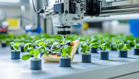 Innovative Robotic Chef Prepares Pizza with Fresh Ingredients in Automated Kitchen Gardenの素材
