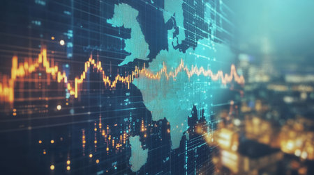 Global Stock Market Trends and Finance with Digital Technology, Chart with World Map Backgroundの素材