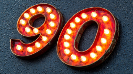 Lighted Number 90, Ninetieth Birthday Celebration, Illuminated Retro Sign, Vintage Number Displayの素材