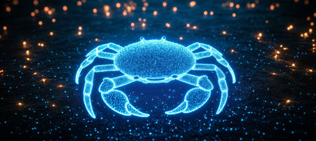 Glowing Neon Crab Turquoise and White Illustration on Dark Background, Digital Art, Zodiacの素材