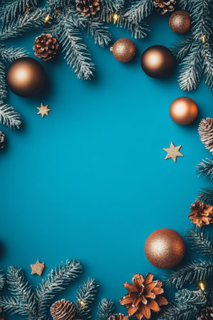 Festive Christmas Frame Fir Branches, Golden Ornaments on Blue Background, Copy Spaceの素材
