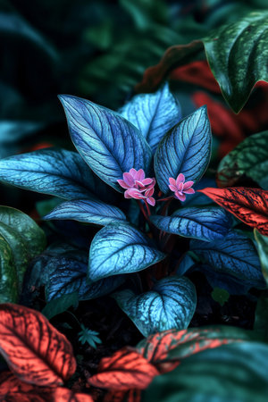 Vibrant, Colorful Foliage A Close-Up of Tropical Plants with Striking Blue and Red Leavesの素材