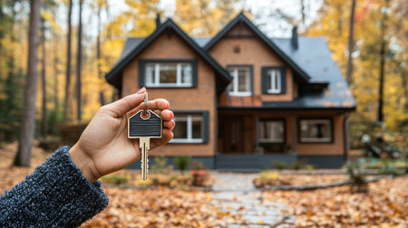 Holding House Keys, New Homeowner Celebrates Purchase of Cozy Cottage Amidst Colorful Autumn Trees.の素材