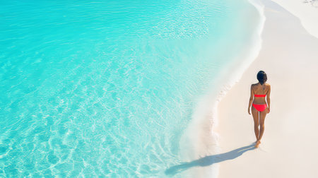 Turquoise Paradise Woman in red Bikini Strolls along the Shoreline of a Secluded Algarve Beachの素材
