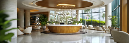 Luxurious Hotel Lobby Interior with Contemporary Furniture, Elegant Decor, and Natural Light.の素材