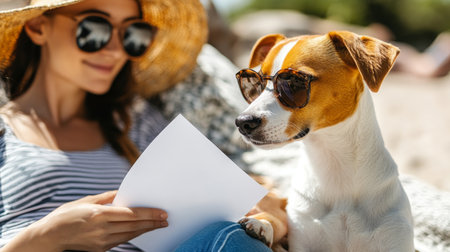 Beach Vacation Relaxation Woman And Dog With Blank Paper For Tropical Travel Messageの素材