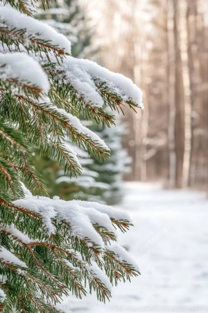 Snow Covered Evergreen Branches, Winter Forest Background With Copy Space For Text Or Design.の素材