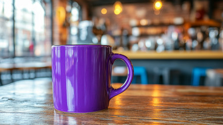 Vibrant Purple Coffee Mug on a Rustic Cafe Table with a Warm and Inviting Bokeh Backgroundの素材