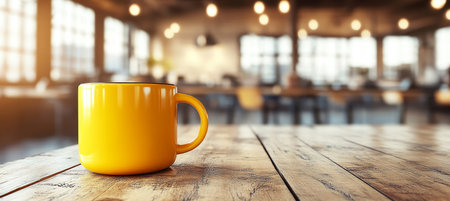 Vibrant Yellow Coffee Cup on Rustic Wooden Table in a Cozy Cafe, Perfect for Beverage Conceptsの素材