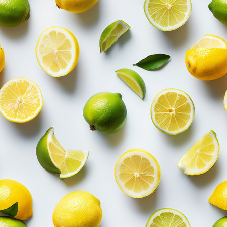 Seamless Pattern Of Freshly Sliced Lemons And Limes on Bright Background, Overhead Viewの素材