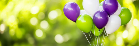 Group of Green, Lavender and White Balloons with a Bokeh Background. Celebration and Party Concept.の素材
