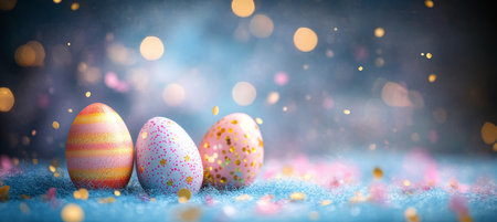Gold and Pastel Easter Eggs on Iridescent Confetti with Festive, Sparkling Bokeh Lights Backgroundの素材