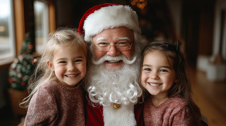 Christmas Memories Little Girls Share Joyful Moment With Santa, Abundant Copy Spaceの素材