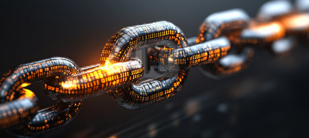 Glowing Chain With Digital Data Illustrating The Connection And Security Of Blockchain.の素材