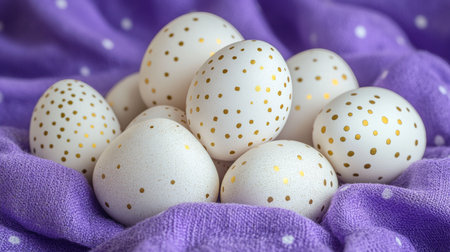 Lavender And Gold Decorated Easter Eggs On A Polka Dot Lavender Background With Copy Spaceの素材
