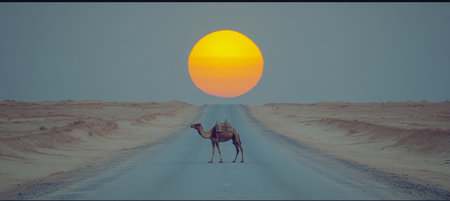 Lone Camel on Desert Highway at Golden Hour A Stunning Scene of Tranquility and Vastnessの素材