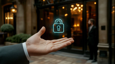 Businessman Demonstrating Digital Padlock Symbol, Data Security and Privacy Protection Conceptの素材