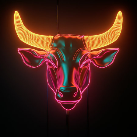 Neon bull. Fluorescent Bulls head sign with glowing purple face and bright yellow horns.の素材