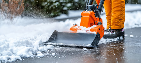 Person Using Orange Snow Blower to Clear Snow from Paved Road, Winter Snow Removal Serviceの素材