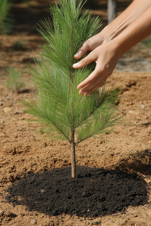 Female Hands Planting a Small Pine Tree, Symbol of Reforestation and Environmental Conservationの素材