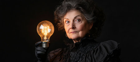 Illuminated Wisdom Mature Woman And A Glowing Light Bulb. Symbol Of Innovation And Experienceの素材