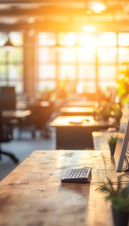 Empty sunny office space, wooden tables, abstract background with sun glare from the window.の素材