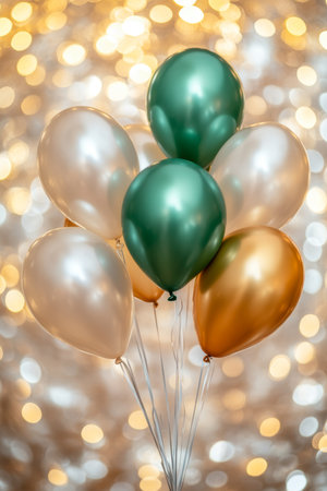 Group of Green, Gold, and White Balloons on Sparkling Background, Festive Celebration Conceptの素材