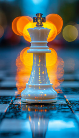 Illuminated Leadership White Chess Queen on Reflective Surface, Symbolizing Strategy and Impactの素材