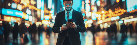 Businessman in City at Night Checking Smartphone, Stock Market, Finance, Trading Conceptの素材