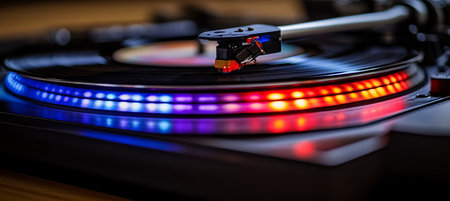 Vinyl Turntable With a Rhythmic Colorful Glow in Motion, Showing The Energy Of The Musicの素材