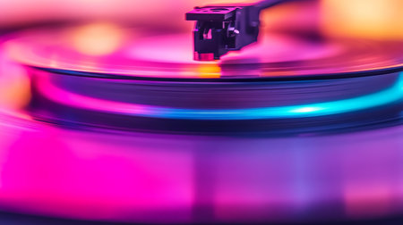 Vinyl Record Player in Motion Blur on a Colorful Retro Vibrant Background, Abstract Music Image.の素材