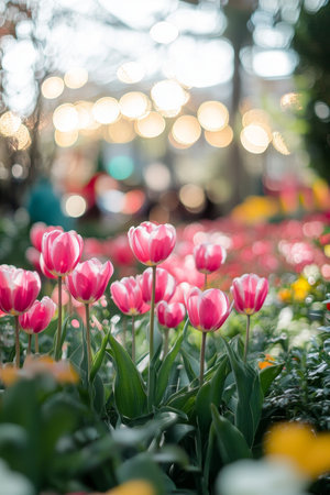 Soft Pink Tulip Blooms in a Magical Garden, Springtime Floral Background with Dreamy Bokeh Lights.の素材