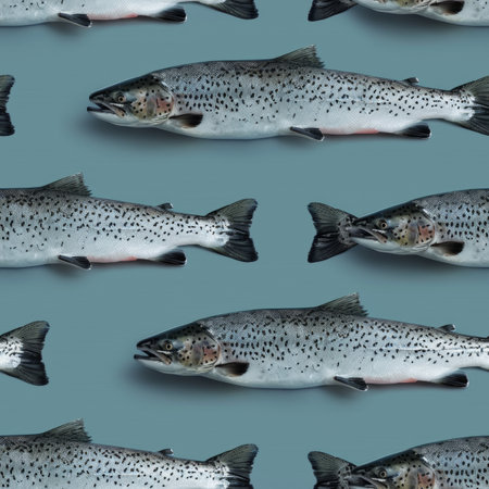 Seamless Pattern of Fresh, Whole Salmon on a Cool Blue Background, Seafood Concept, Culinary Designの素材