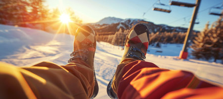 Ski Boots Pointed Towards A Snowy Mountain Peak On A Sunny Day, Taking A Break From The Chairlift.の素材