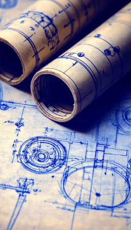 Architectural Blueprints For A Healthcare Facility Detailed Drawings And Plans Rolled Up On Tableの素材