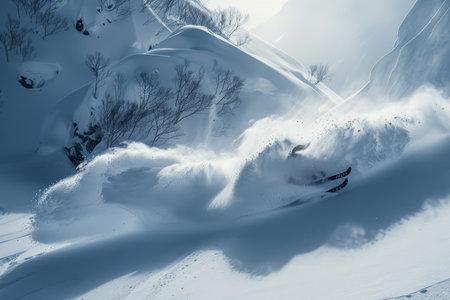 Deep Powder Skiing Adventure Skier Carving Through Untracked Snow in Mountain Backcountryの素材