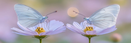 Two Delicate White Butterflies Perched on Pale Pink Cosmos Flowers in Soft Focus, 85-characterの素材