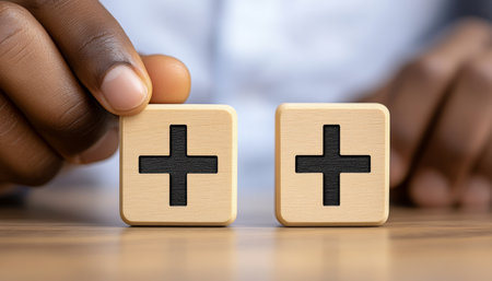 Close-up.Mans Hand Arranging Two Wooden Cubes With Plus Sign, Representing The Positive Conceptの素材