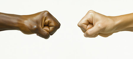 Close-Up of Two Clenched Fists on White Background Symbolizing Strength and Diversityの素材