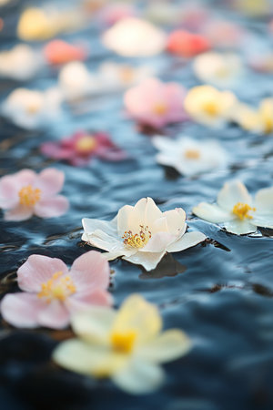 Spring Blooms Adrift A tapestry of colorful flower blossoms float serenely on tranquil water.の素材