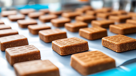 Freshly Made Plant-Based Protein Bars on a Conveyor Belt in a Food Production Facilityの素材