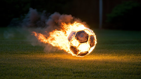 Soccer Ball Engulfed In Fiery Flames And Smoke On Grass, Symbolizing Passion For The Beautiful Game.の素材