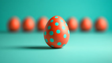 Coral Easter Egg With Turquoise Polka Dots Stands Out Among Others on Turquoise Backgroundの素材
