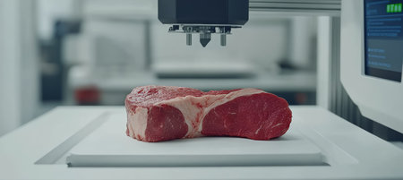 3D-Printed Meat Close-up View of a 3D Food Printer Creating a Plant-based meat Alternative.の素材